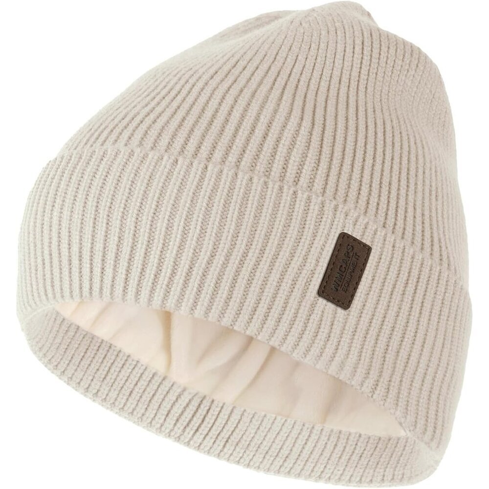 Men's Cream White Fleece Lined Beanie Soft Winter Warm Ski Stocking Knit Hat